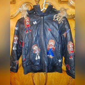 Vintage Kids Brats embroided leather jacket with fur hood